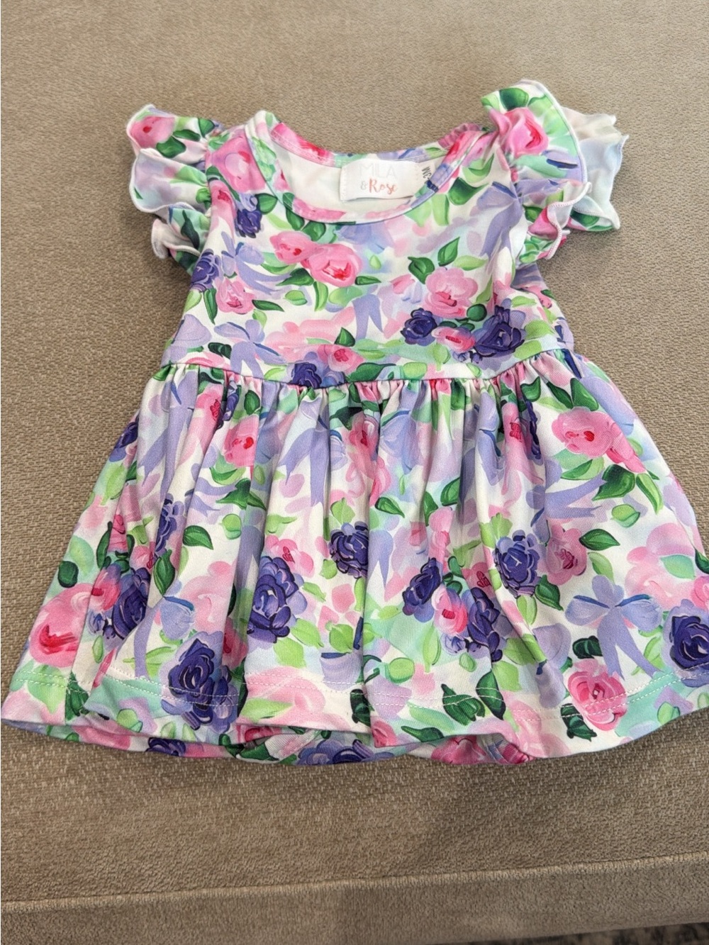 Mila & Rose Girls Floral Flutter Sleeve Dress - Pink & Purple